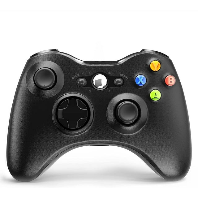 Wireless Controller for Xbox 360, 2.4GHZ Gamepad Joystick in black, featuring an ergonomic design with precise thumbsticks, an 8-way d-pad, and two pressure-point triggers. Includes a receiver for direct pairing with Xbox 360 consoles and PC Windows 7, 8, 10, and 11. The controller supports up to four simultaneous connections and requires 2 AA batteries. Note: Not compatible with Xbox One consoles and lacks a headset jack.