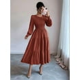 thumbnail image 4 of Fall Wedding Guest Dresses for Women Puff Long Sleeve Smocked Casual Crew Neck Tiered A Line Flowy Long Dress Brown S, 4 of 7