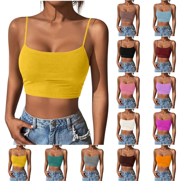 SROBPTY Womens Tank Tops Solid Cami Round Neck Padded Crop Shirts for Everyday Wear