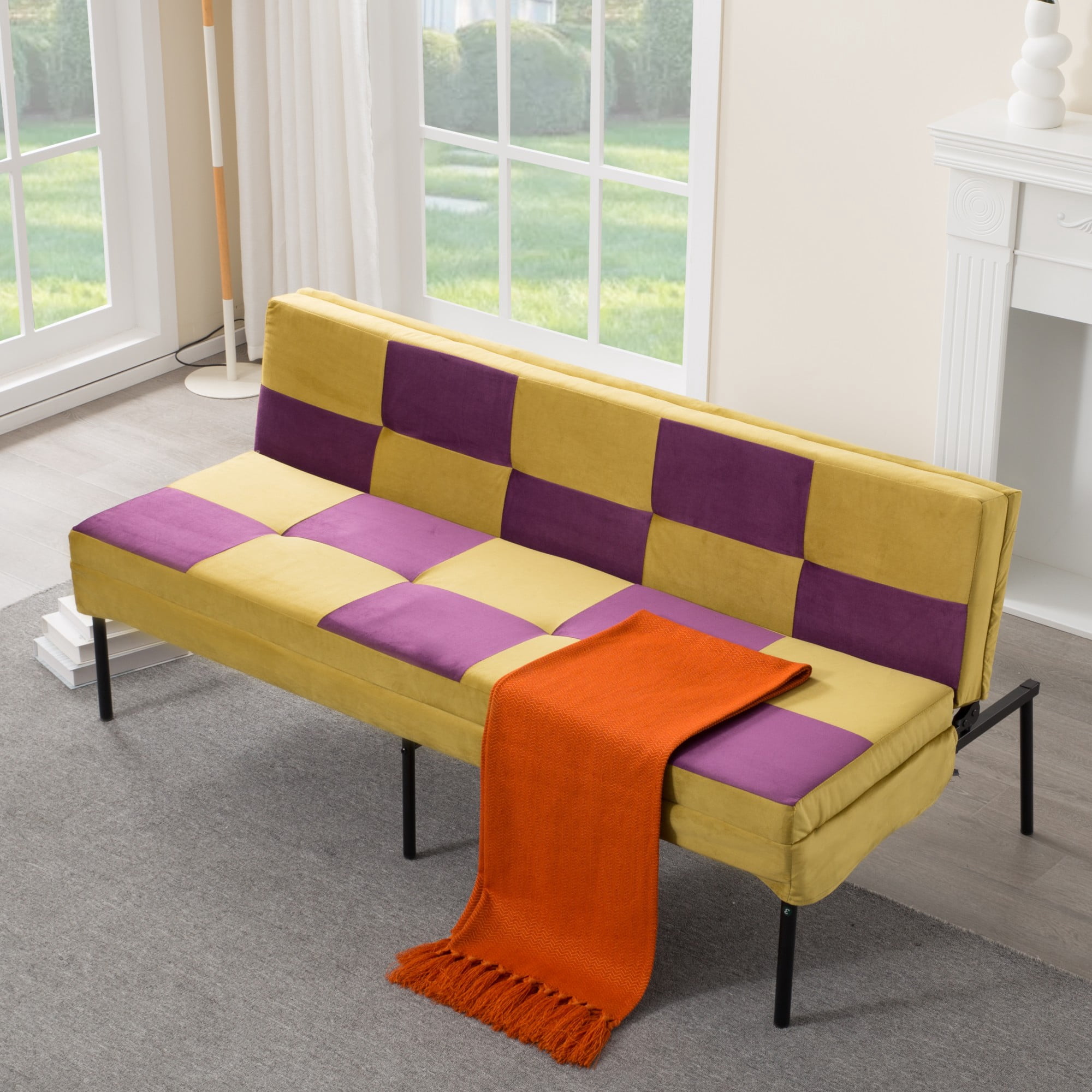 DEALTOPS 63" Checkered Velvet Futon, 2-in-1 Dual-Tone Convertible Sleeper Sofa with 5-Position Recline, Yellow