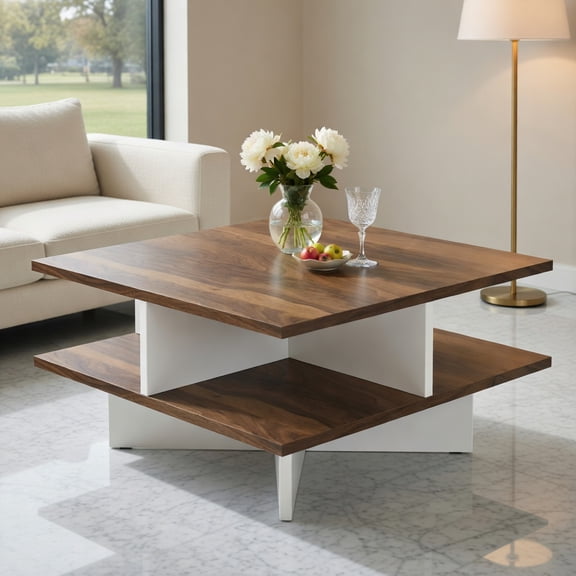 Spaco 2-Tier Square Coffee Table, 4 Built-in Storage Compartments, Cross Support Base, Walnut & White