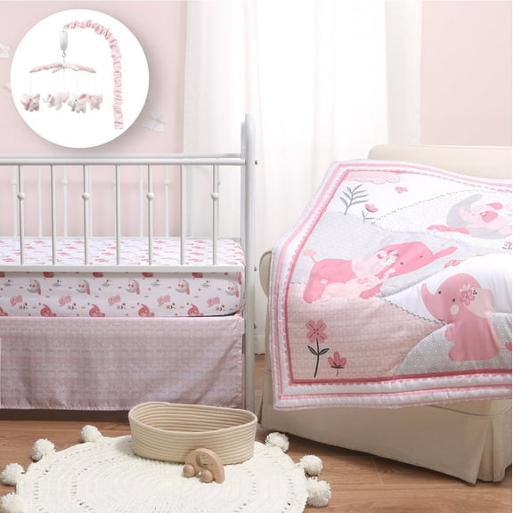 The Peanutshell Pink Elephant 4 Piece Baby Nursery Crib Bedding Set, Quilt, Crib Sheets, Crib Skirt, and Mobile