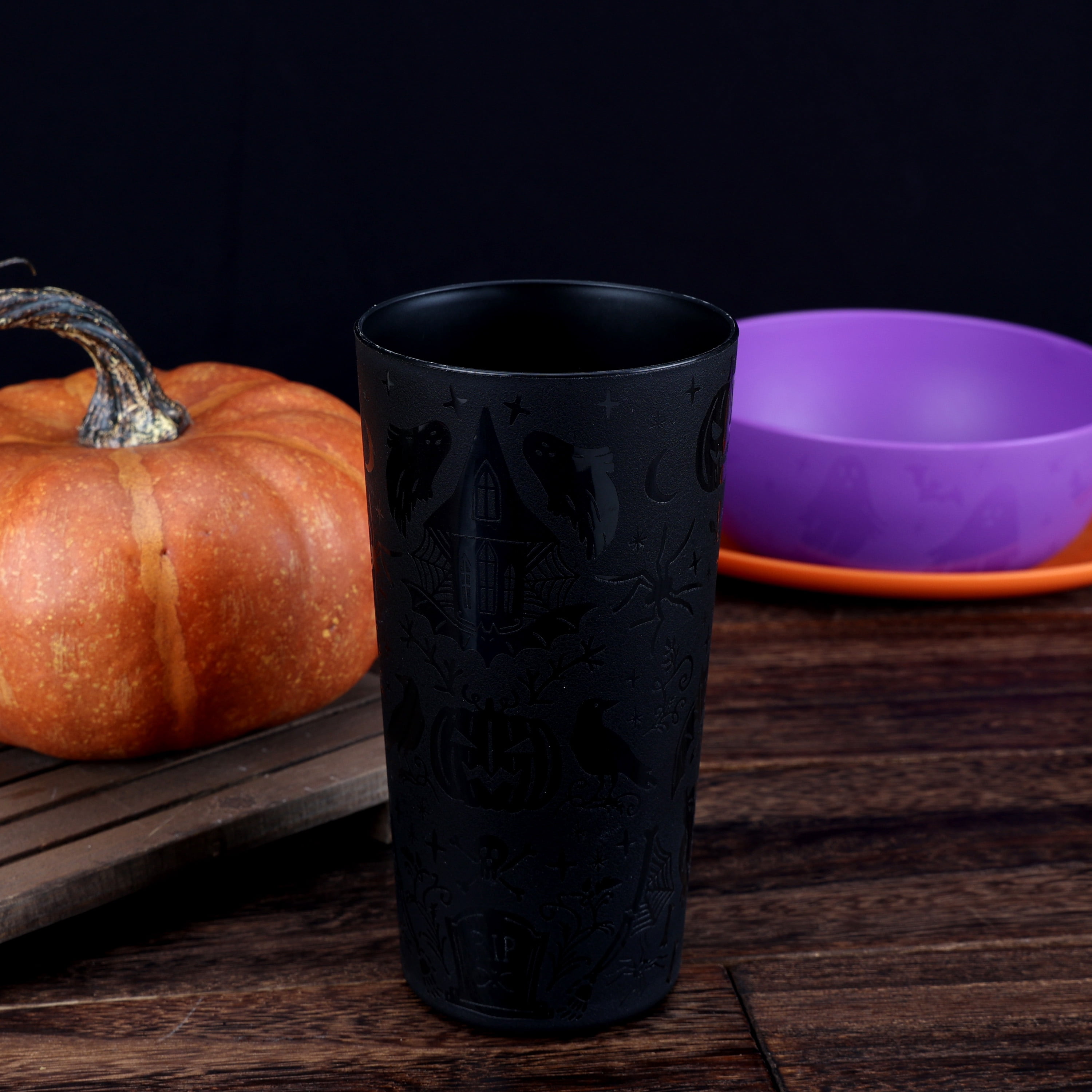 Mainstays 26 Ounce Round Plastic Etched Halloween Tumbler, Black