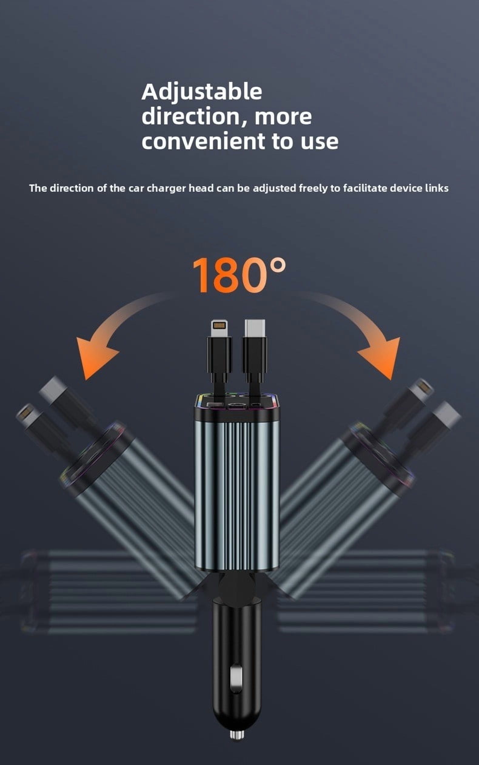 152W USB C Fast Car Charger with PD Quick Charge, 4 Port Cigarette Lighter Car Charger with Dual Retractable Cables and LED Ambient Light, for iPhone and Android