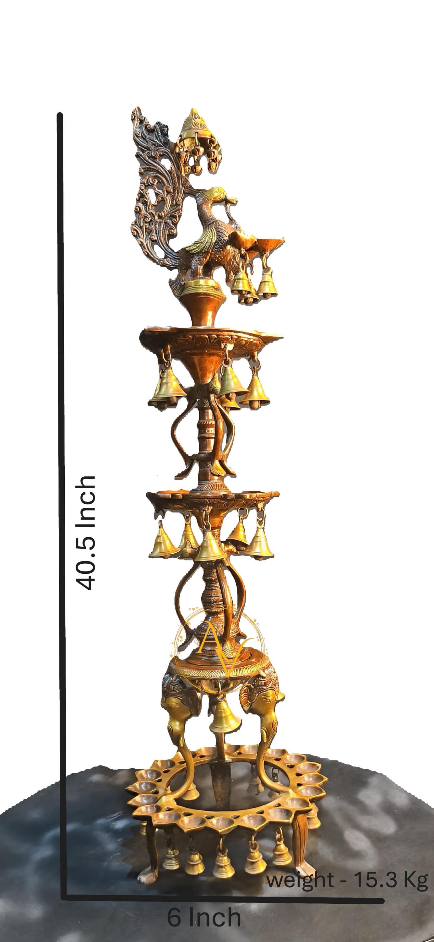 Brass Diya, 40.5 inches Brass Oil Lamp with Peacock & Elephent in Antique Finish, beautiful Brass Diya with hanging bells, home decor gift..