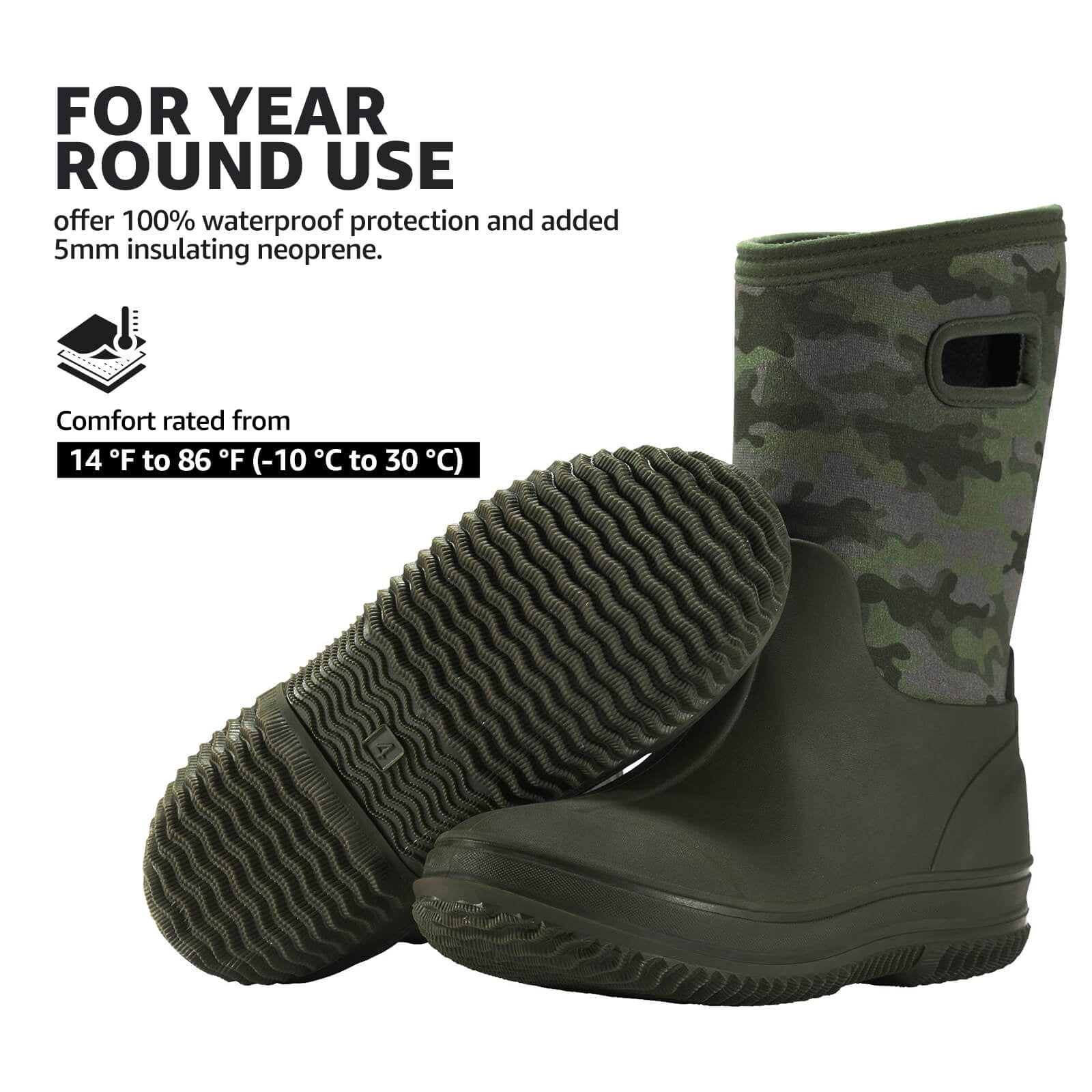 HISEA Kids Rain Boots for Boys Girls, Waterproof Insulated Rubber Neoprene Boots, Seamless Outdoor Boots with Handles Rainboot Mud Boots for Rain, Snow, Winter and Muck, Size 4BK Olive Green