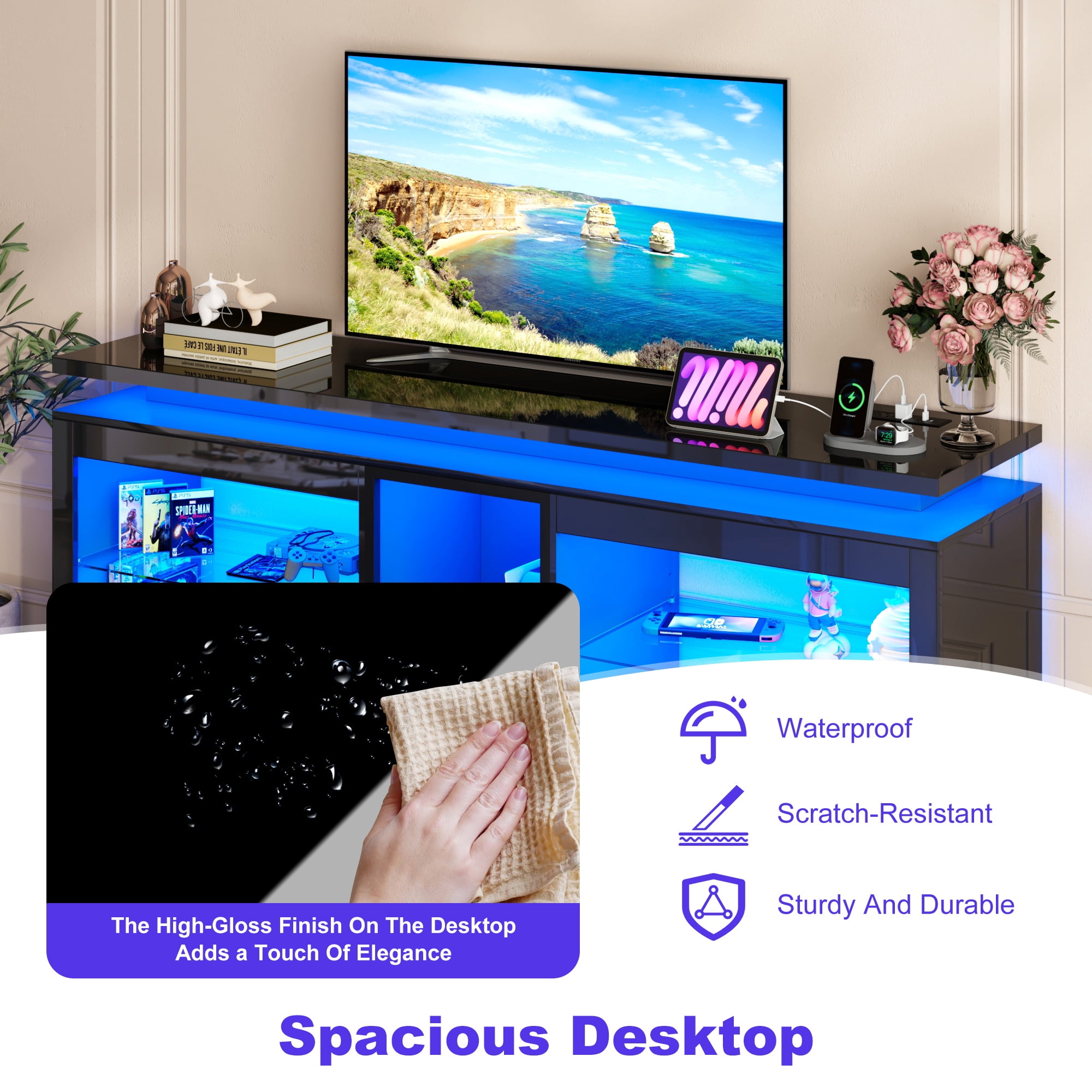 ChVans LED TV Stand for 70/75/80 Inch TVs, Modern Entertainment Center High Gloss Large TV Stand with Adjustable Shelves, Gaming TV Console with Power Outlets, Black