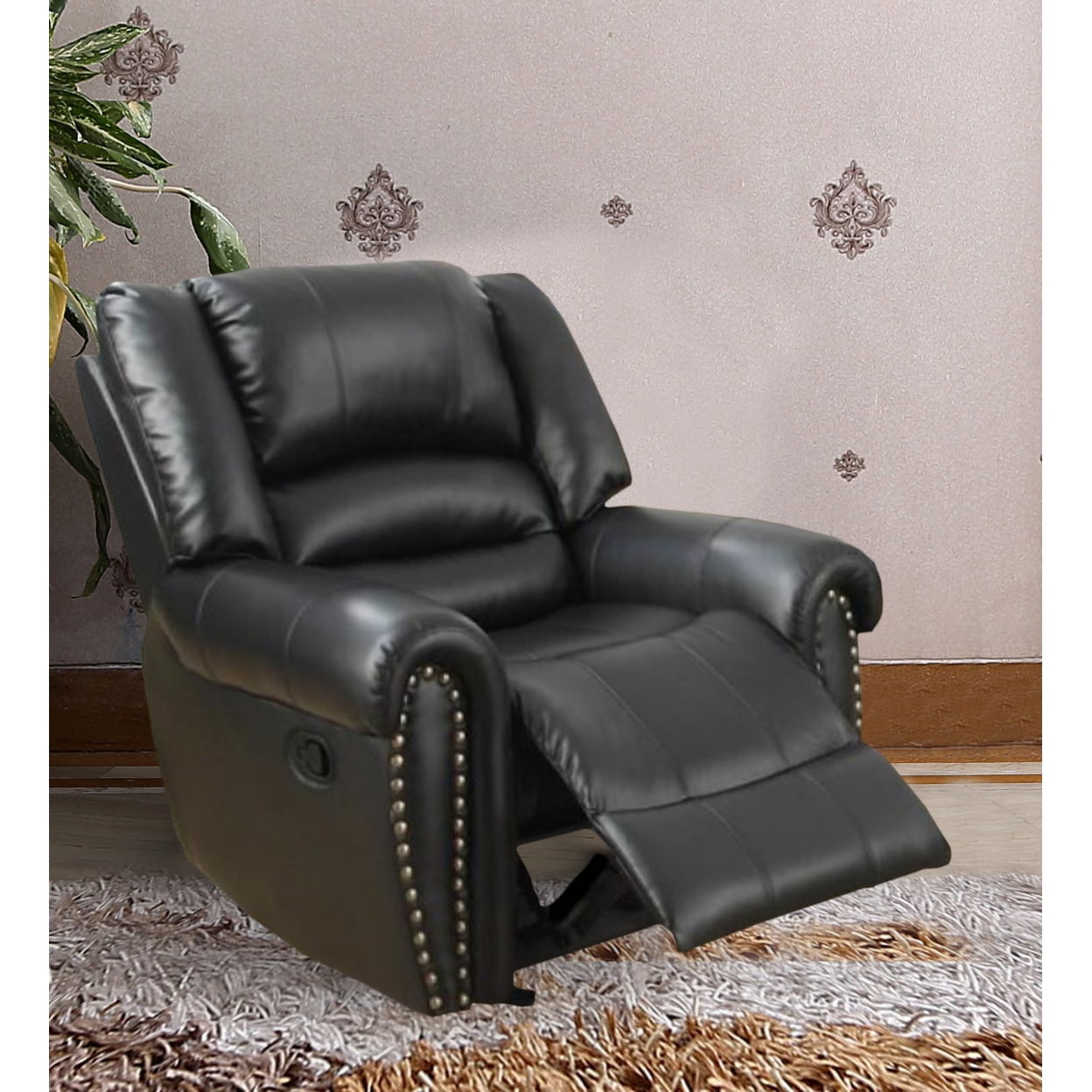 Poundex Bonded Black Leather Recliner Chair, Glider