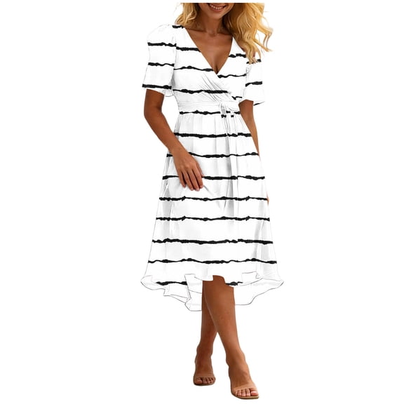 LIaqionyy Dresses for Women Summer Fashion Casual Short Sleeve V Neck Flowy Elegant Dress Vacation Sundress