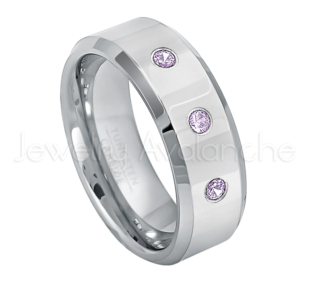 Personalized Tungsten Wedding Band - 0.21ctw Amethyst 3-stone Band ...