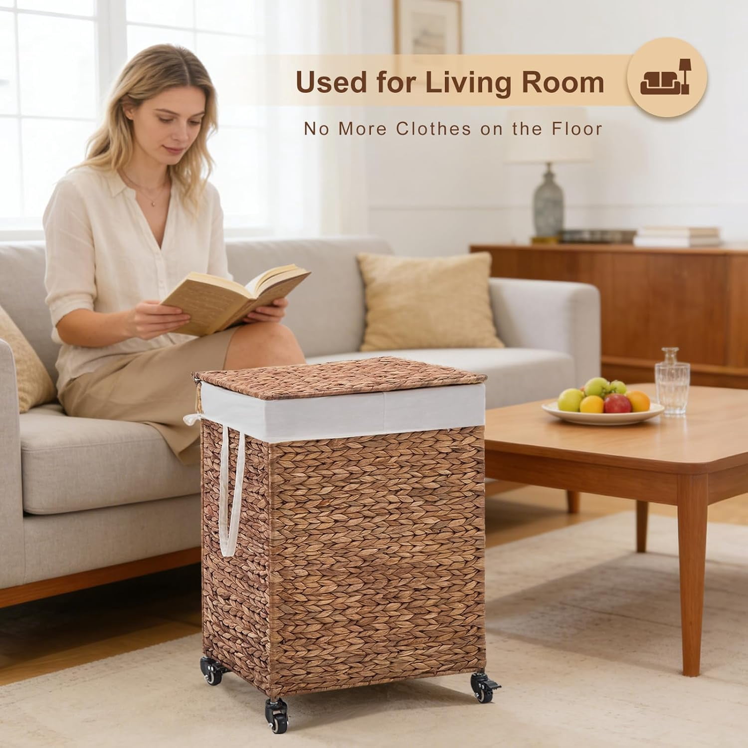 Casa Pura Furniture 2-Section Laundry Hamper with Lid, Water Hyacinth Woven Laundry Sorter with Removable Liners, Rolling or Non-Slip Design