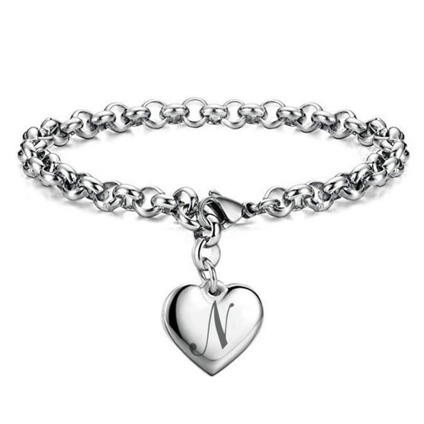 Pulseras con iniciales para adolescentes Pulseras con corazón de acero inoxidable para mujeres 26 letras Alfabeto Pulsera Regalos de joyería para niñas adolescentes