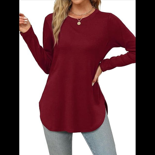 Camisa de Larga con Cuello Redondo para Mujer, Básica, Holgada, Informal Vino Tinto L