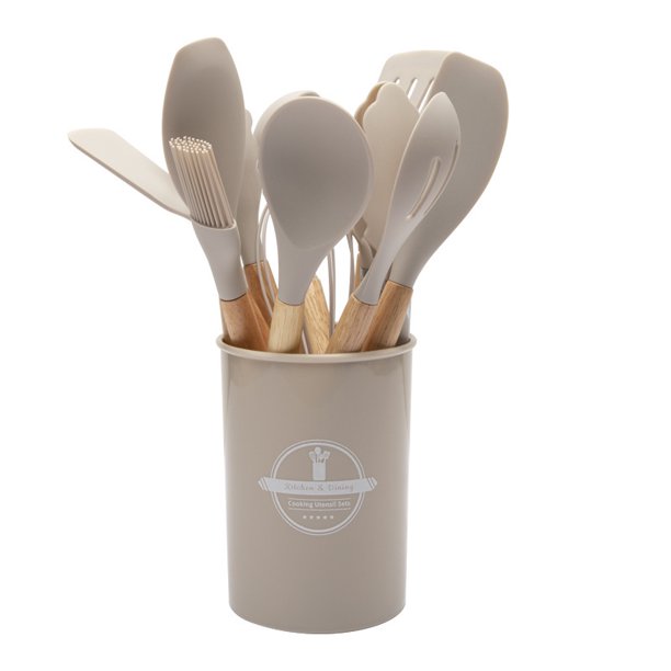Juego de 12 utensilios de cocina con mango de madera de silicona, utensilios de cocina anticalor, pala para wok, cuchara de silicona, utensilios de cocina de silicona