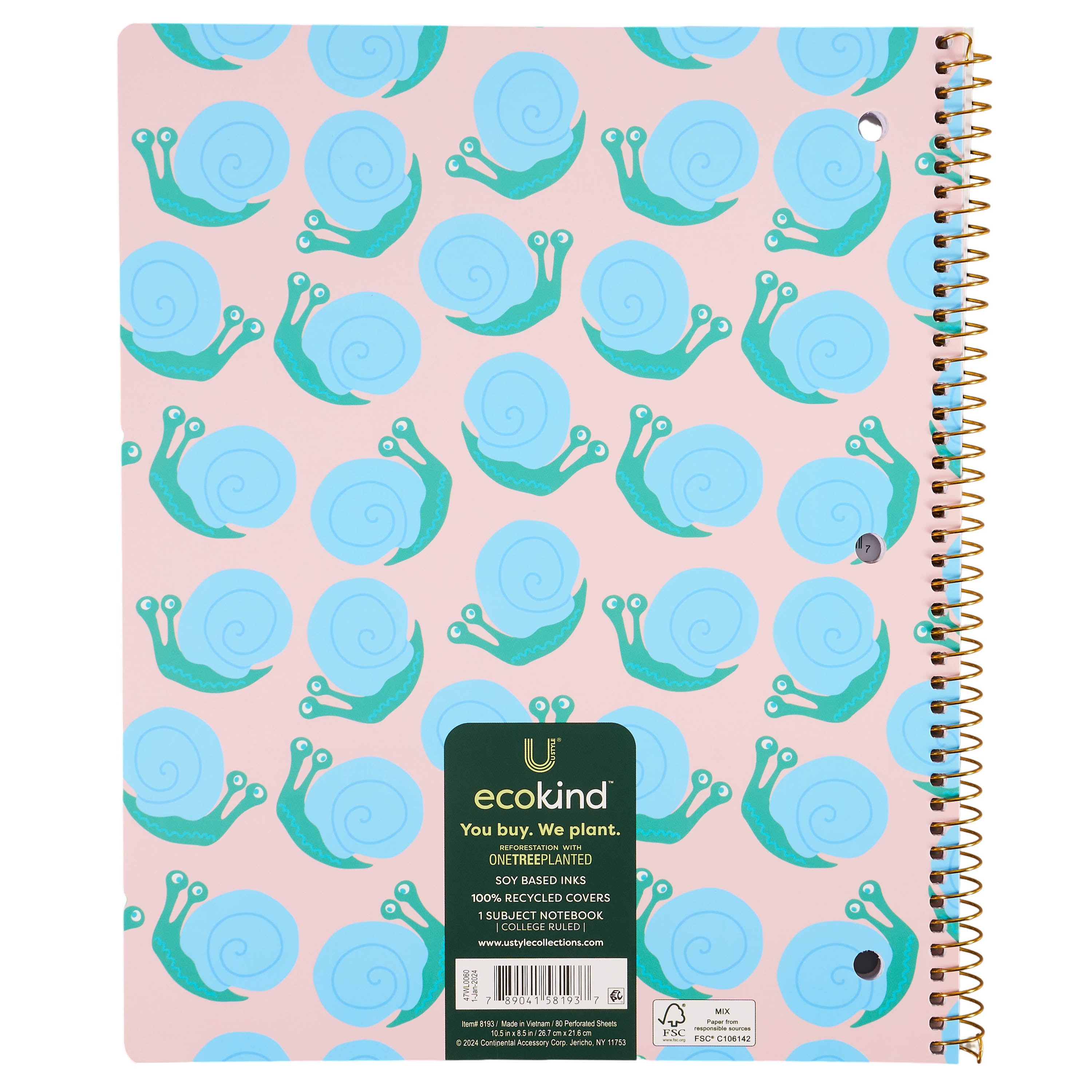 Ecokind by U Style Snails 1 Subject Notebook, 10.5" x 8.5", 80 Sheets, College Rule