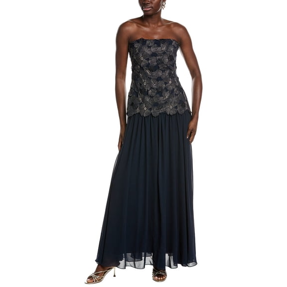 Badgley Mischka womens Lace Georgette Combo Gown, 16, Navy