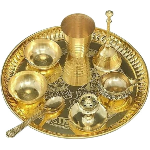 8 Inch Brass Pooja Thali Set with Pital Plate Glass Spoon Ghanti Bowl Agarbatti Stand Diya Set for Home Temple, Gold