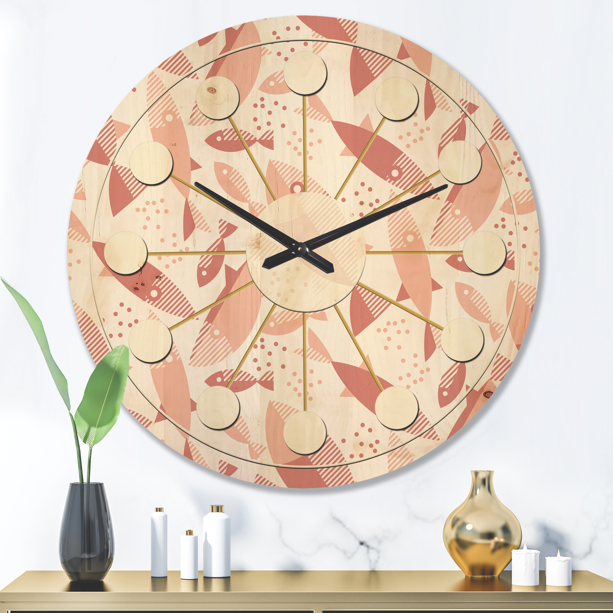 Designart 'Pink Fishes Retro Pattern' Mid-Century Modern Wood Wall Clock