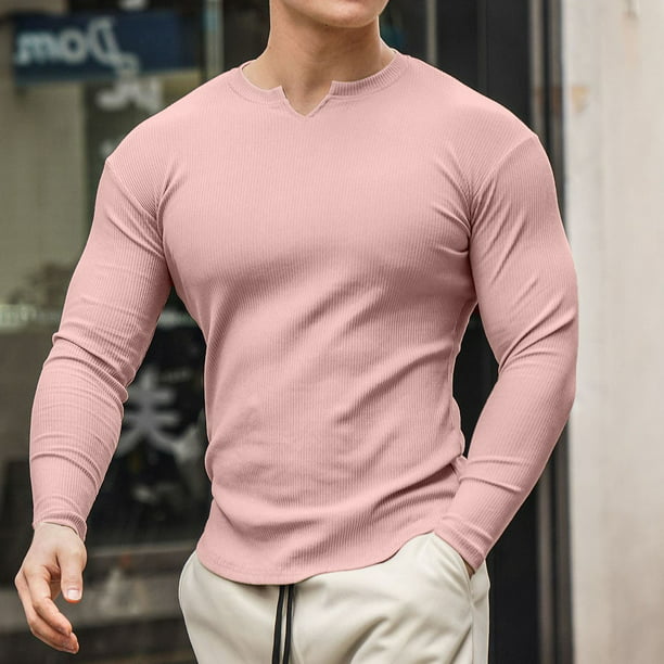 KI-8jcuD Men Male Spring And Summer V Neck Tops With Solid Color Long Sleeve Casual Elastic Slim T Extra Large Men Size Small Mens Tops Men'S Shirt Long Sleeve