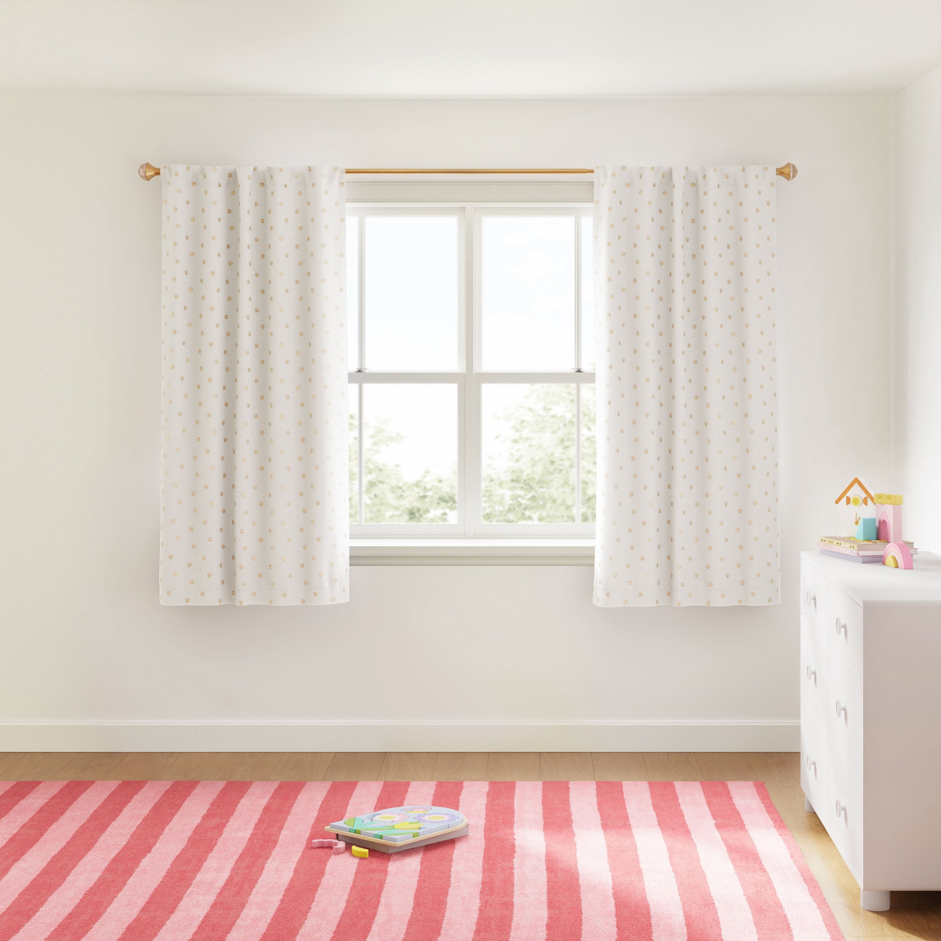 Mainstays Kids White and Metallic Gold Sun Sheer Overlay Blackout Rod Pocket with Back Tabs Single Curtain Panel, 38" W x 63" L