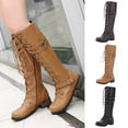 thumbnail image 4 of Women's PU Leather Riding Platform Knee High Boots Lace Up Winter Lug Sole Gothic Motorcycle Combat Boots, 4 of 6