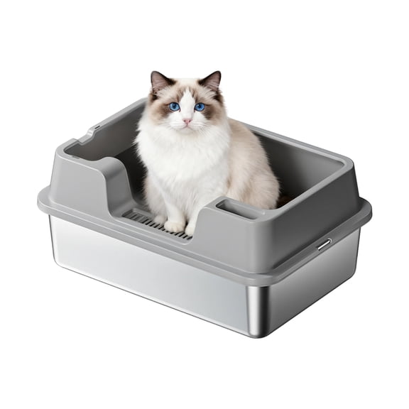 Stainless Steel Cat Litter Box for Big Cats - High Sided, Semi-Enclosed, Leak-Proof, Odor-Resistant, Easy Clean, Durable Metal Pan