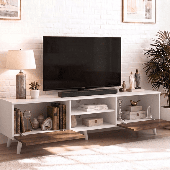 Dekoactive 70" TV Stand for Living Room, Modern Minimalist Entertainment Center with 2 Drawers and Open Shelf, Freestanding TV Console - Walnut&White