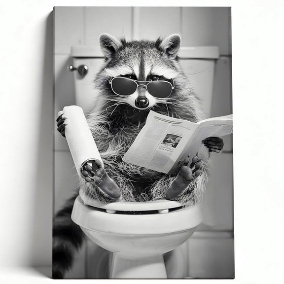 Funny Raccoon On Toilet Framed Canvas Wall Art - Black And White Humorous Animal Print, Whimsical Bathroom Decor 8*12inch(20*30cm)