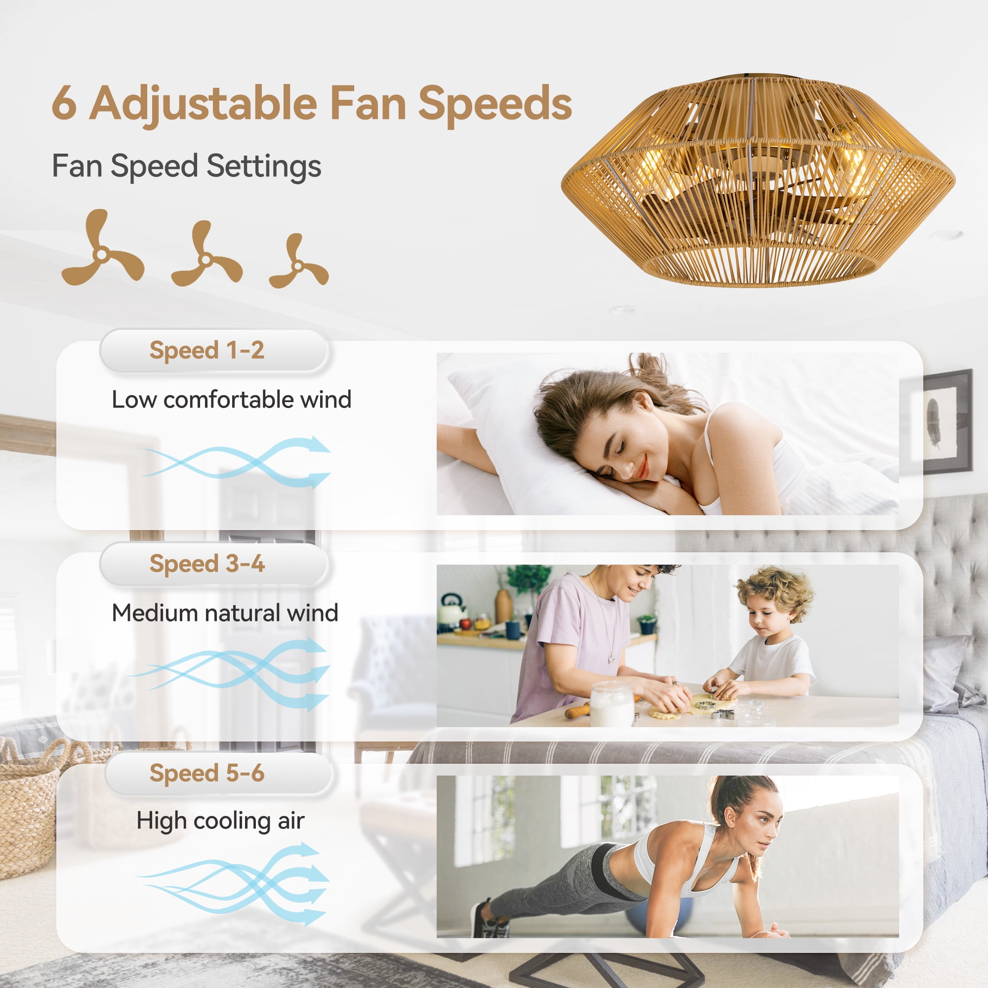 ALKAFY 19 inch Gold Retro Caged Ceiling Fan - 7 Wood Grain ABS Blades & Remote for Low Ceiling, Living Room, Bedroom