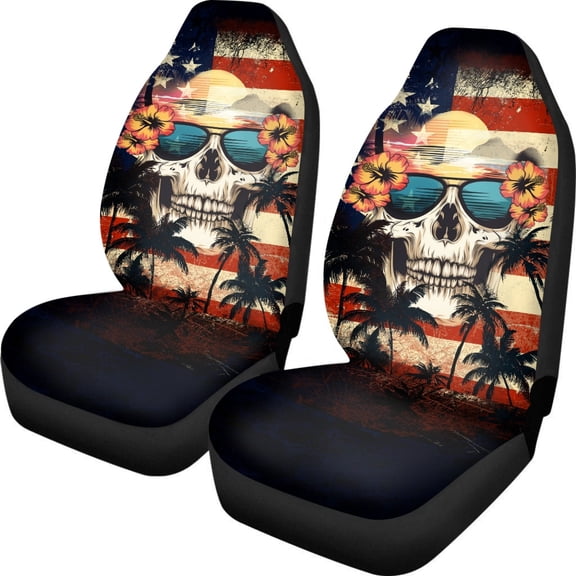 POLERO American Flag Skull Pattern Car Seat Covers for Van, 2 Pcs Breathable Vehicle Seat Covers High Back Stain Resistant Front Seat Cover