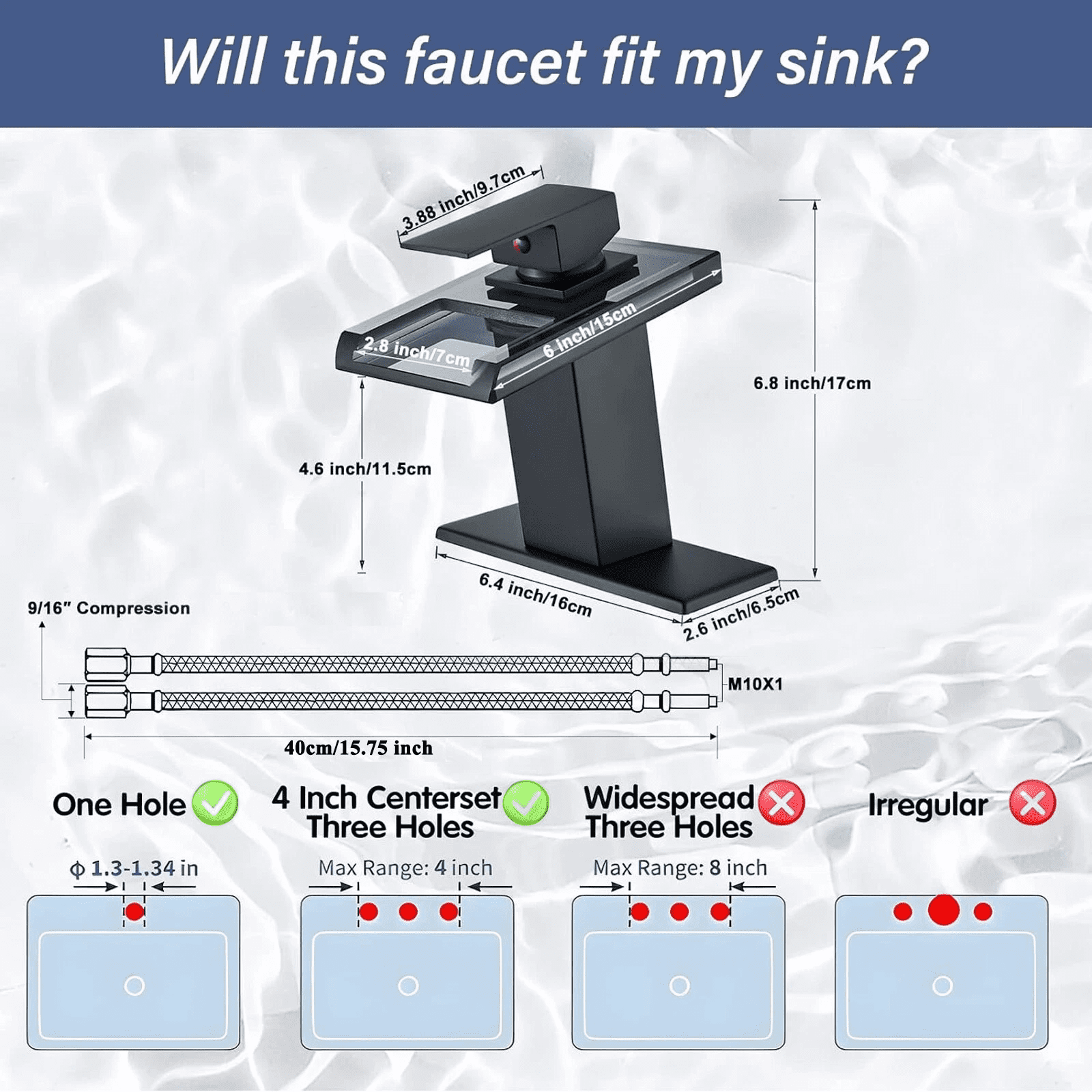 Zovajonia LED Bathroom Sink Faucet, Matte Black Waterfall Single-Handle Vanity Faucets for Sinks 1 Hole with  2 Water Supply Lines Open Glass Spout