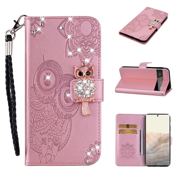 Diamond Wallet Case for Google Pixel 6 Pro with Card Slots Holder Magnetic Clasp Cover, Shining Sparkle Owl Embossed Pattern PU Leather Flip Folio Case with Wrist Strap Kickstand Case, Rosegold