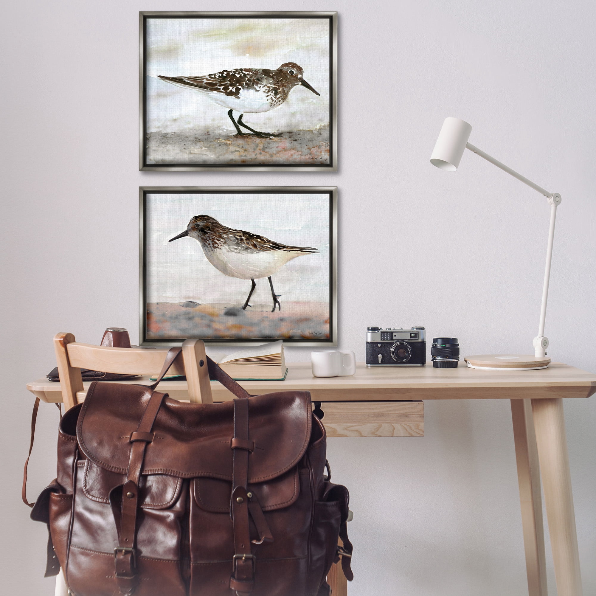 Stupell Industries Sandpipers on Coast Nautical Beach Animals & Insects Painting Gray Floater Framed Canvas Art Print Wall Art, 31 x 25, Set of 2