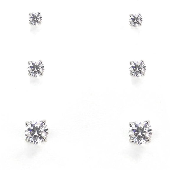 3 Pair Crystal Cubic Zirconia Stud Earrings Set in Silver Tone Jewelry Silver