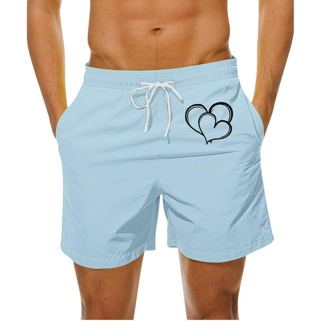 Mens Casual Shorts Heart-Shaped Printed Drawstring Pocket Beach, Polyester Spandex for Spring Summer Outdoor & Daily