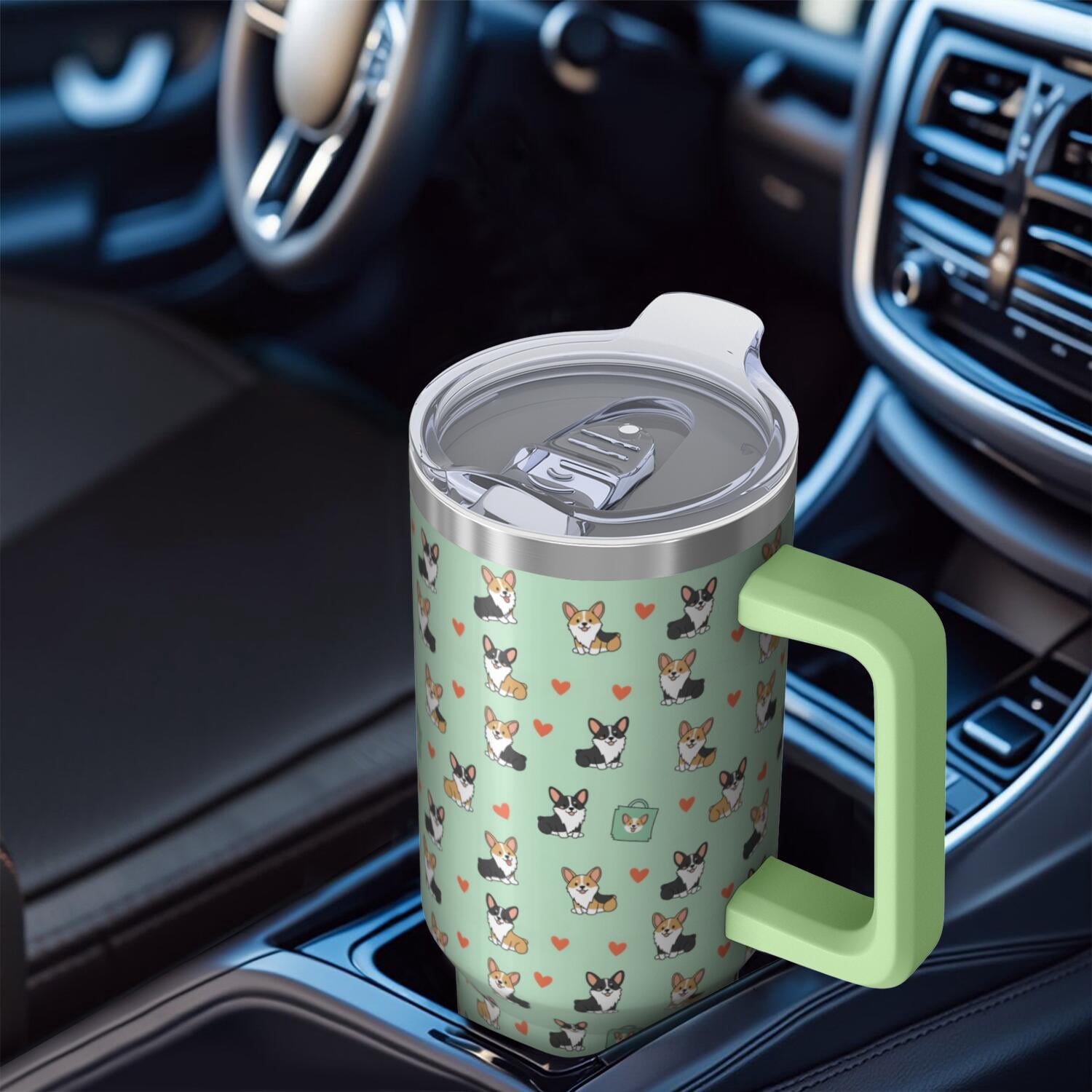40 Oz Tumbler with Handle,Tumbler with Lid,Double Wall Insulated Cup Stainless Steel Travel Mug,Water Bottle for Iced Tea,Coffee,Cold Beverages,Corgi Shopping Green Pattern