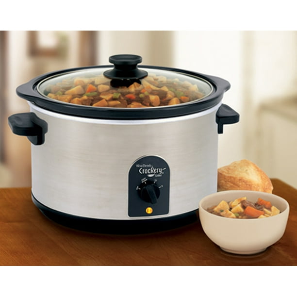 West Bend 85156 6Quart Round Crockery Slow Cooker, Stainless Steel