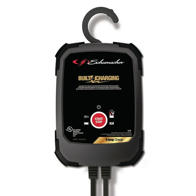 Schumacher Electric 3-in-1 Fully Automatic, 8 Amps, 12 Volt, Car Battery Charger and Maintainer SC1302 with a black rectangular body, front-facing view, featuring a red start/stop button, LED indicators, built-in hook, and dual cables, designed for rapid 8-amp charging and multi-stage battery maintenance for cars, SUVs, and trucks.