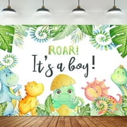 Dinosaur It's a Boy Baby Shower Backdrop Photography Wall Cartoon Cute Dino Tropical Green Palm Leaves Jungle Safari Kids Background Newborn Party Decorations Photo Booth Studio Props
