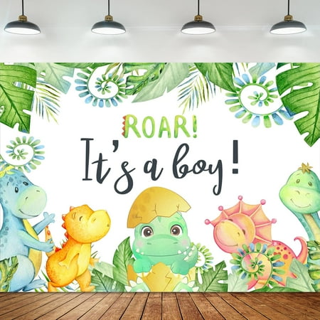 Dinosaur It's a Boy Baby Shower Backdrop Photography Wall Cartoon Cute Dino Tropical Green Palm Leaves Jungle Safari Kids Background Newborn Party Decorations Photo Booth Studio Props