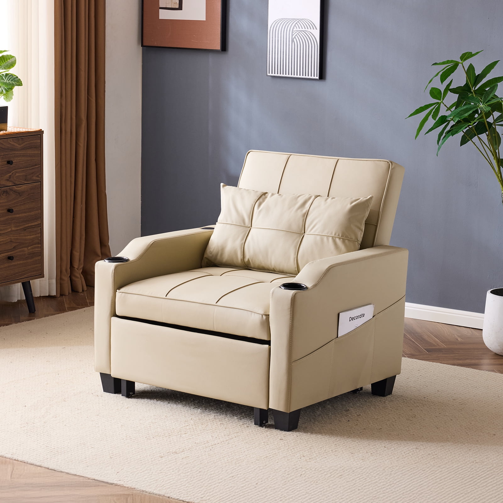 Ktaxon Sleeper Sofa Bed Convertible Chair Faux Leather 3-in-1 Futon Sofa with Lumbar Pillow for Living Room Bedroom Office Apartment Furniture Beige