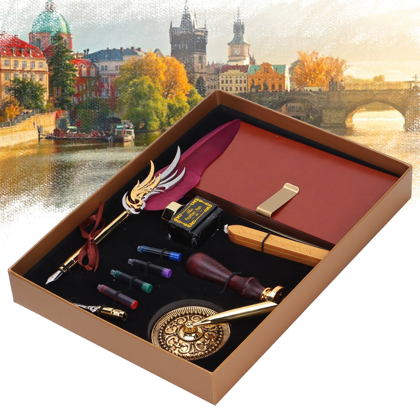 Riousery Dip Calligraphy Pen Set Feather Ink Sac Fountain Pen Gift Box Kit with Lacquer Stamp Tool Wine Red SP139006