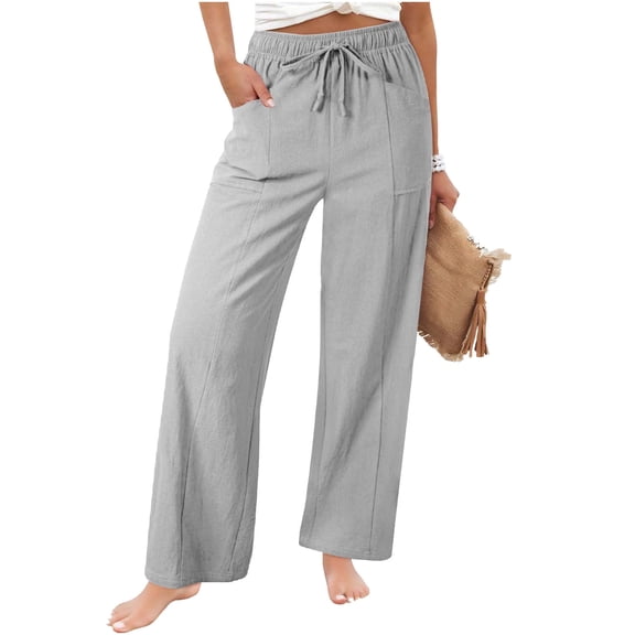 RYRJJ Wide Leg Pants for Women Cotton Linen Palazzo Drawstring Elastic Waist Trousers with Pockets Summer Beach Lounge Pants(Gray,XL)