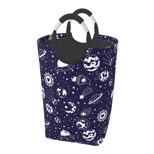 DouZhe 50L Rectangular Laundry Basket, Cartoon Blue Space Rocket Prints Waterproof Foldable Laundry Hamper with Aluminum Handles