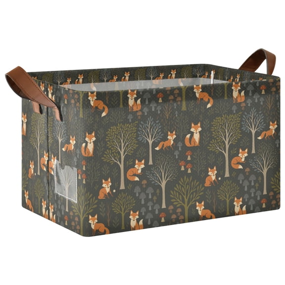Yayeee Foldable Storage Basket for Shelves Waterproof Cloth Bins with Handles, Green Forest Fox Pattern