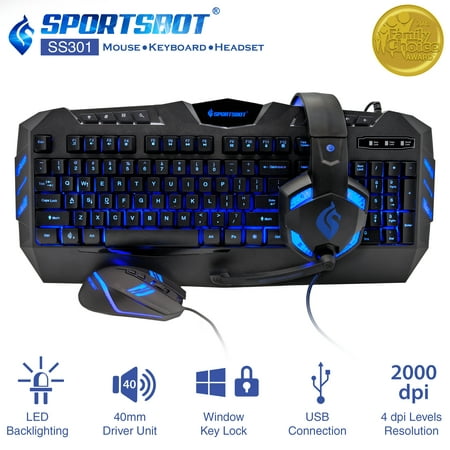 SportsBot SS301 Blue LED Gaming Over-Ear Headset, Keyboard & Mouse Combo