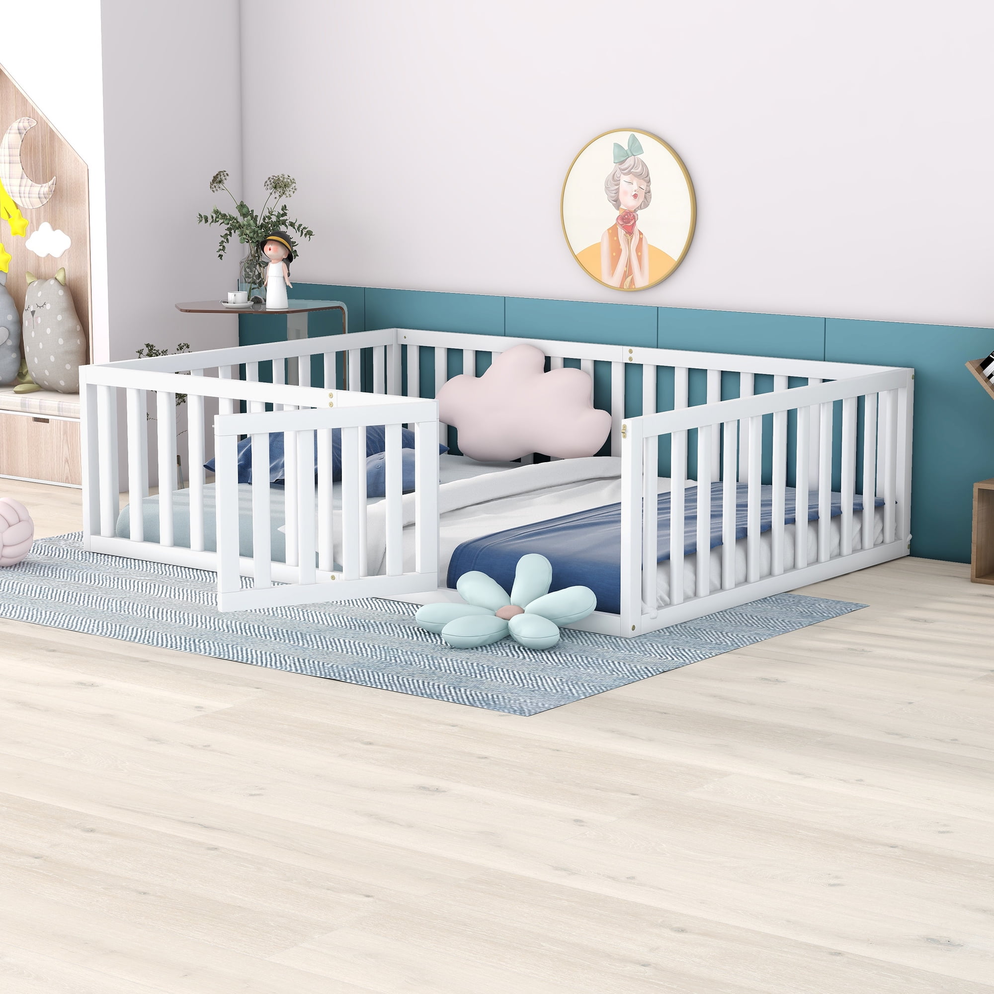 Bellemave Full Size Floor Bed with Fence and Door, Wood Montessori Bed Frame, Floor Bed Frame, Slats Not Included (Full,White)