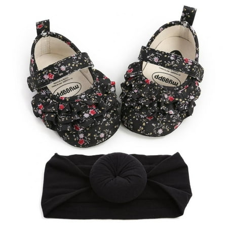 

Baby Girls Mary Flats Infant Shoes Newborn Princess Dress Wedding Ruffled Shoes Toddler First Walkers with Headband 0-18M