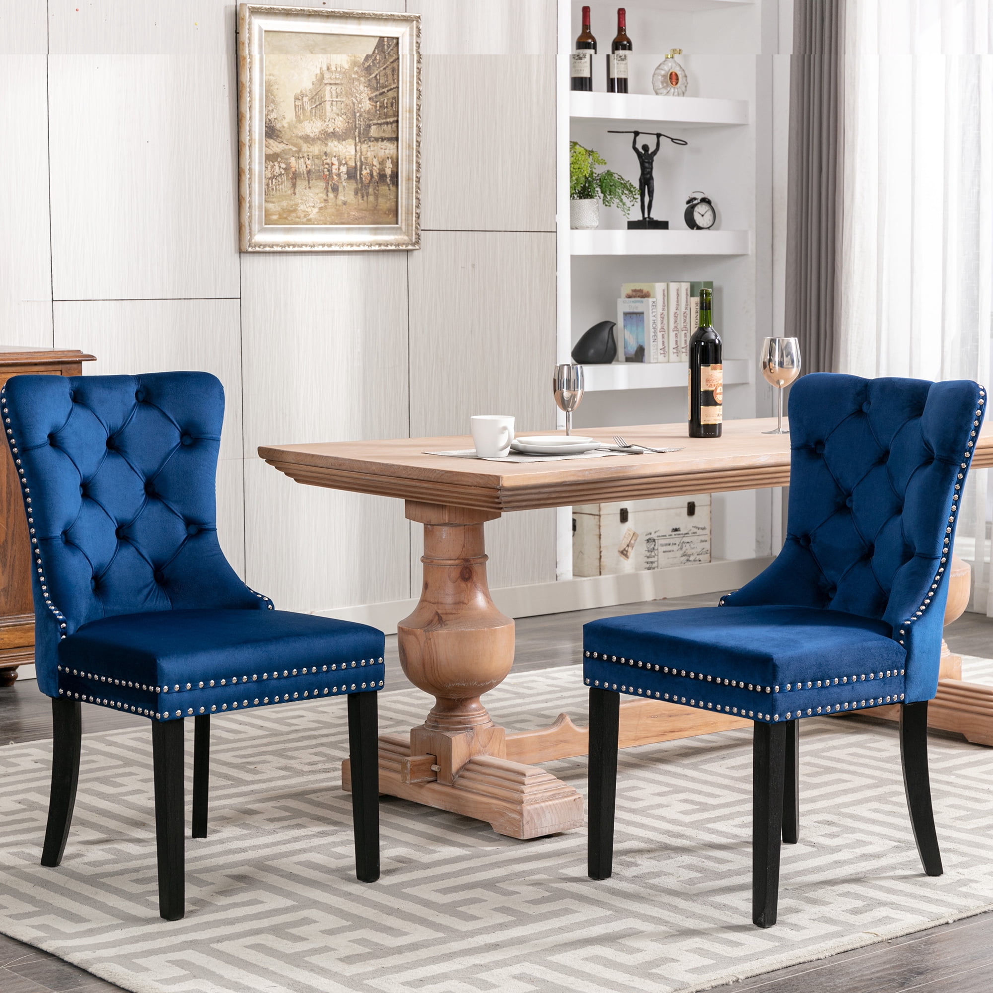Velvet Dining Chairs Set of 4, Upholstered High-end Tufted Dining Room Chair with Nailhead Back Ring Pull Trim Solid Wood Legs, Contemporary Nikki Collection Modern Style for Kitchen, Blue