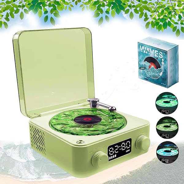 wonima11 Aqua Vinyl Speaker, Waves Vinyl Bluetooth Speaker, The Waves Vinyl Player with Adjustable Light and Time for Bedroom, Office, Party, Green